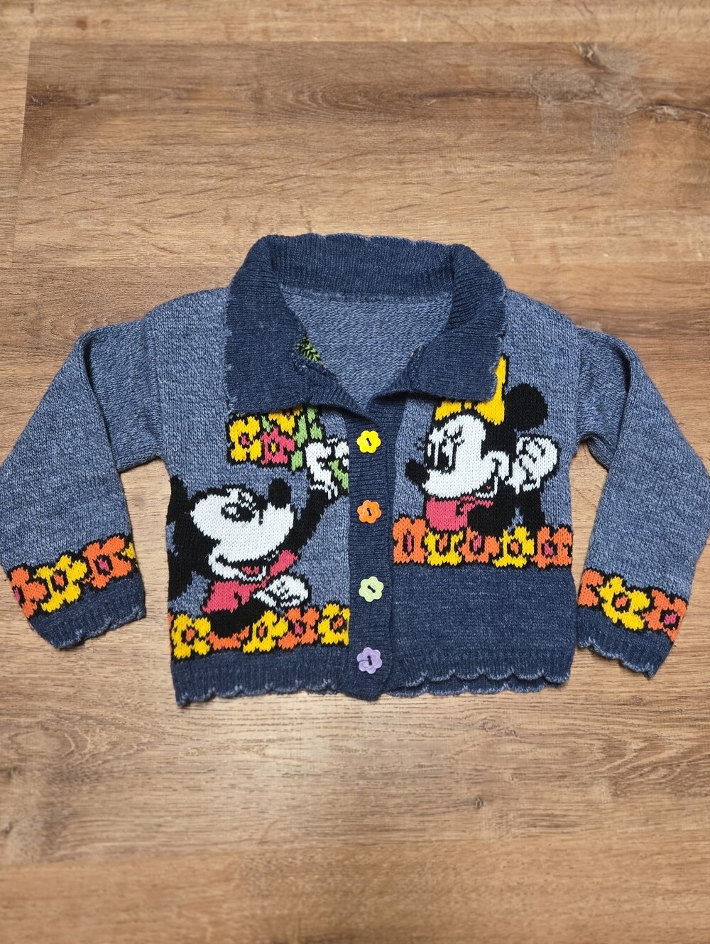 Vintage Disney Minnie & Mickey Mouse Blue Knit Cardigan flowers